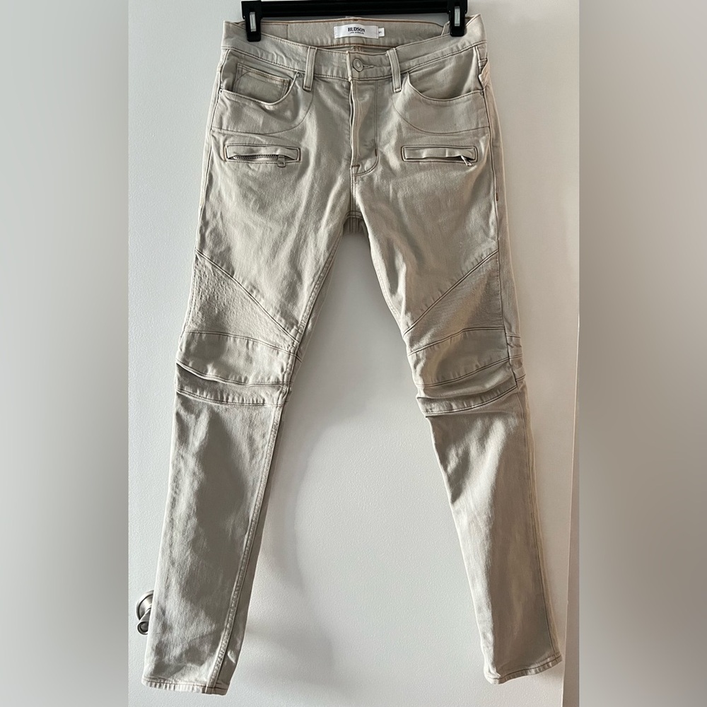 Hudson Blinder V2 Biker Moto Skinny Jeans Beige Zipper Knee Panels Size 31